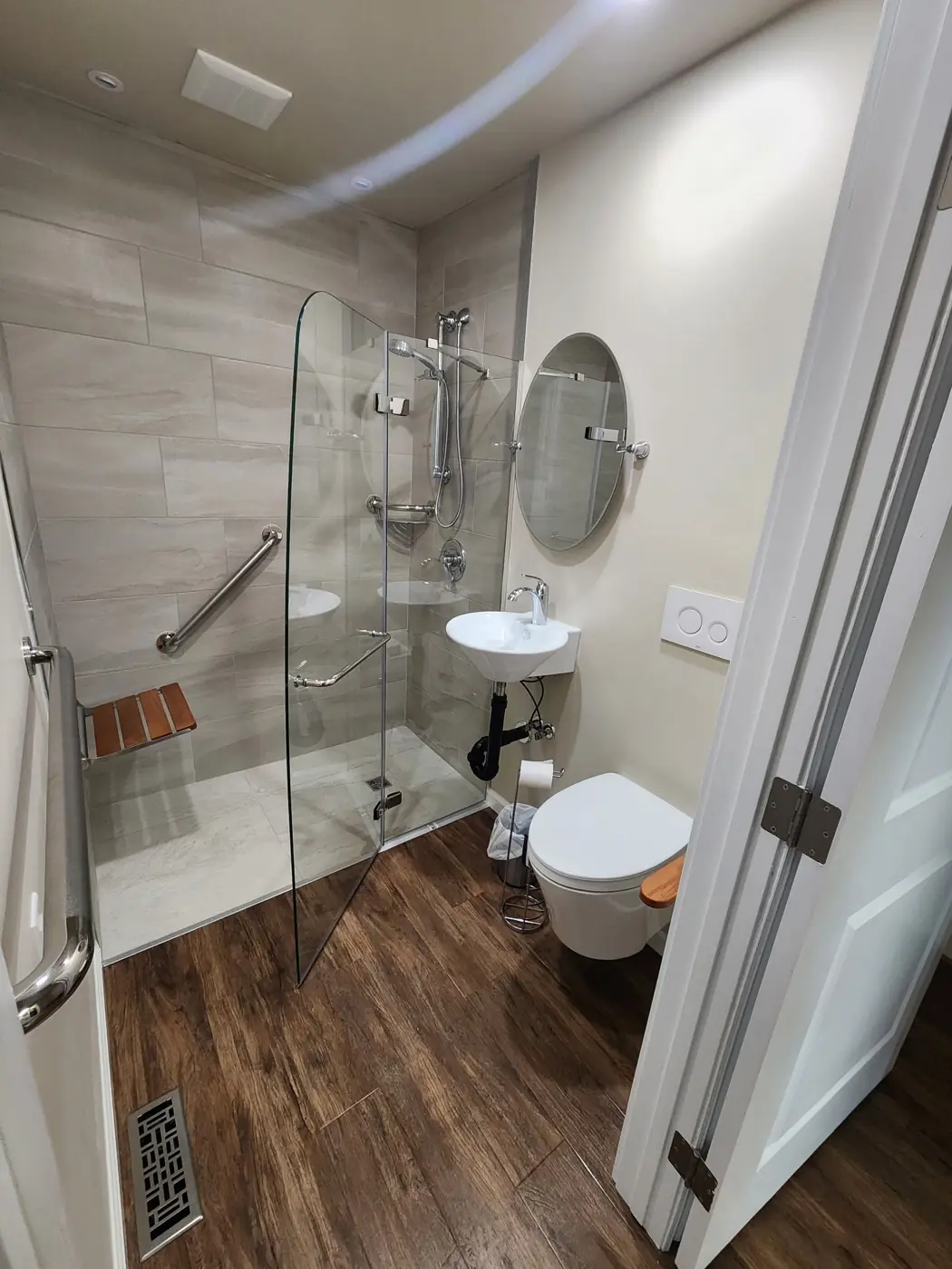 Barrier-free bathroom — curbless shower & grab bars