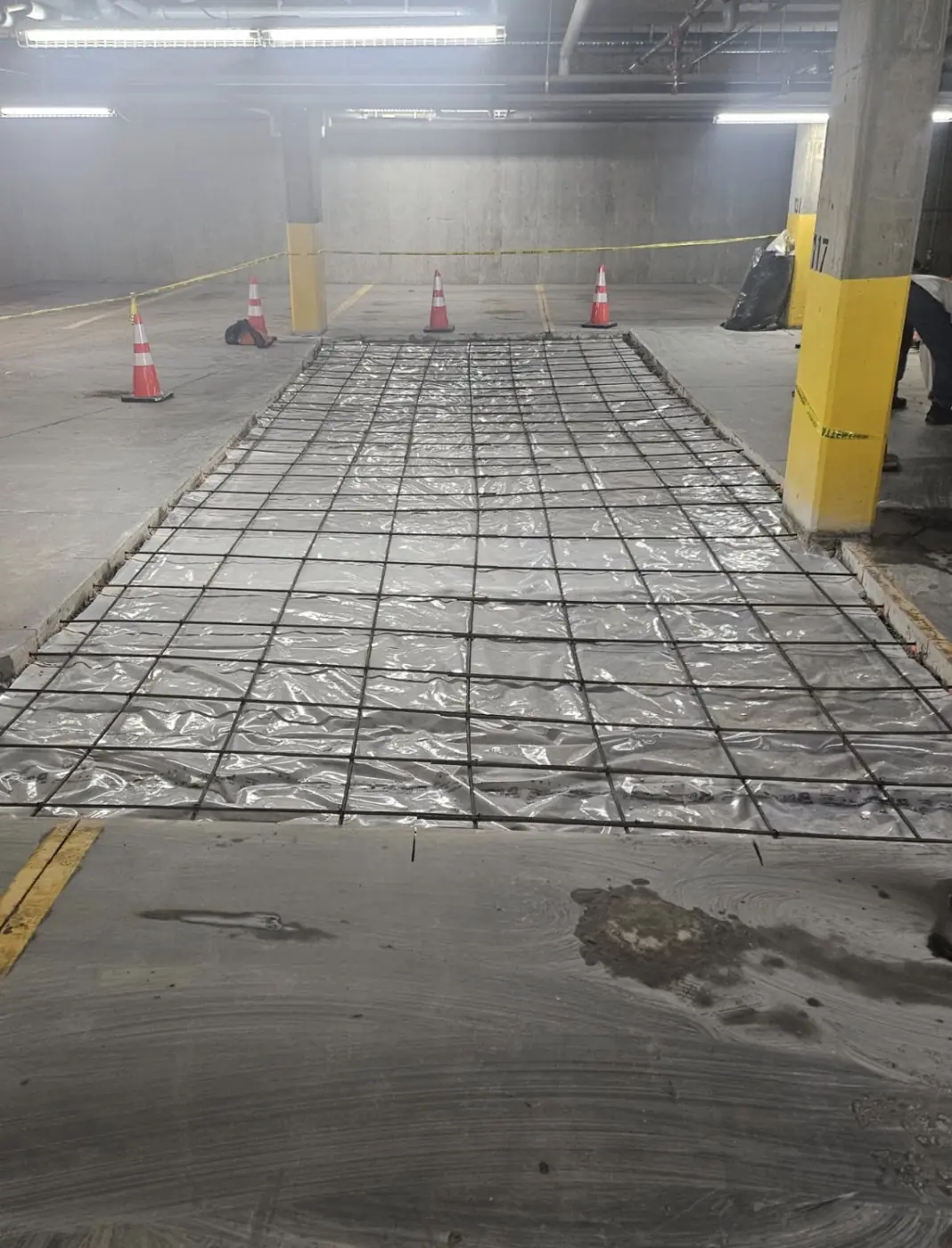Rebar mat over vapour barrier, ready to pour